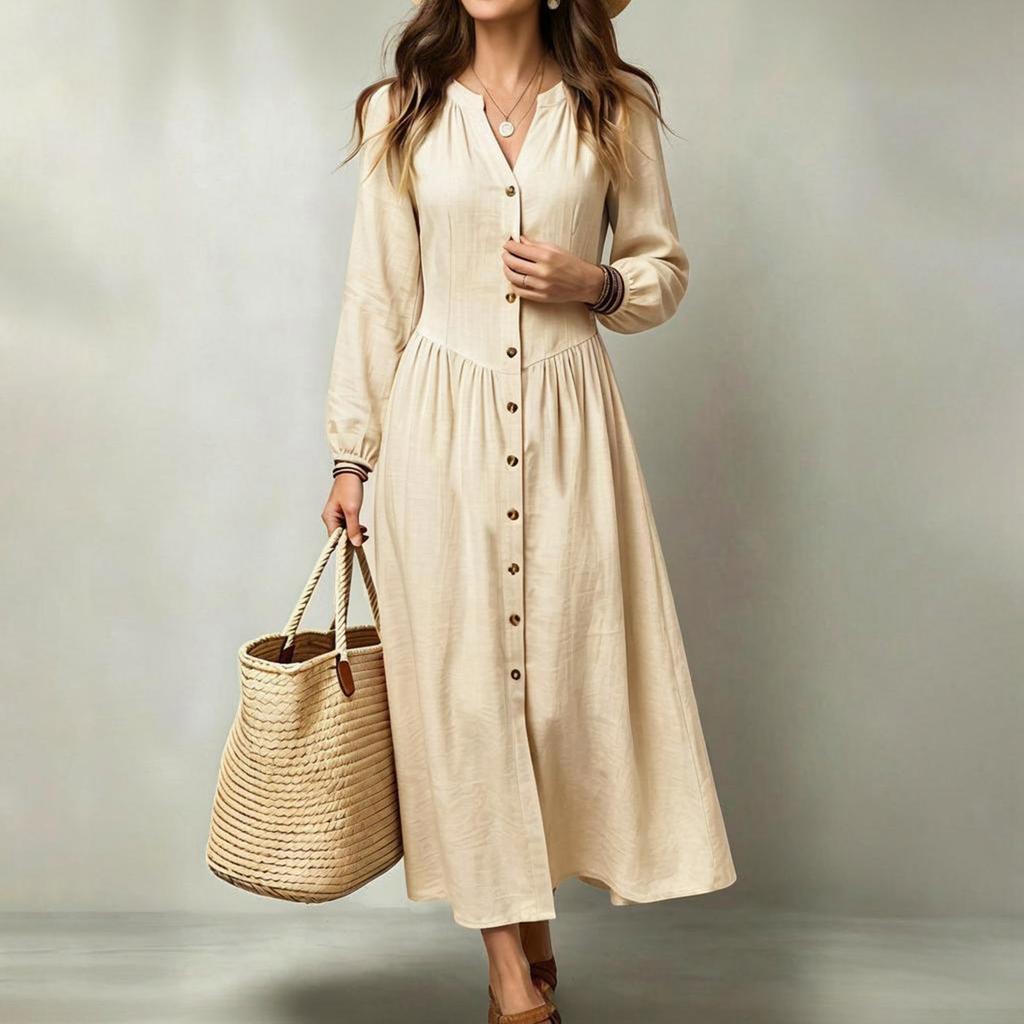 Women's Long Sleeve Stand Collar Maxi Dress with Single-Breasted Waist-Cinching Flared Hem for Vacation