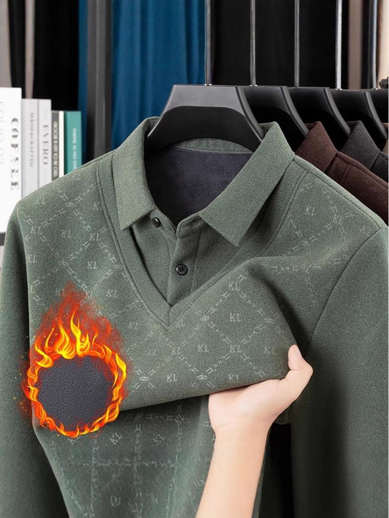 Fleece-Lined Two-Piece Lapel Polo Shirt: Men's Warm Autumn/Winter Casual Print Top