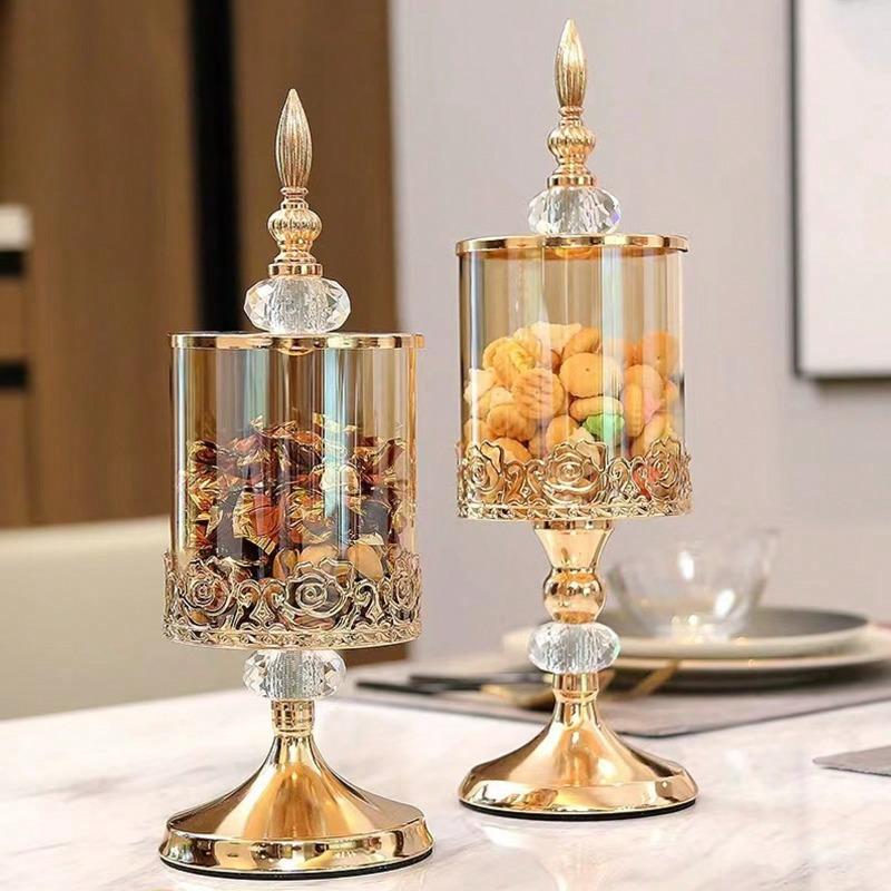 The Red Sun Gold European Chic Candy Jar For Living Room Decor, Coffee Table Accent & Desktop Showcase, Aesthetic Home Accent For Sweet Treats Cake Stand