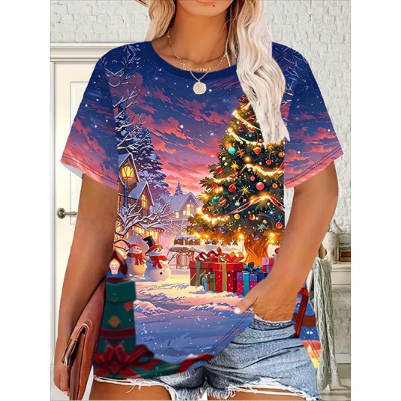 Women's Christmas T-Shirt Holiday Top Tee Round Neck Shirt Festive Wear Cheerful Print Short Sleeve T-Shirt