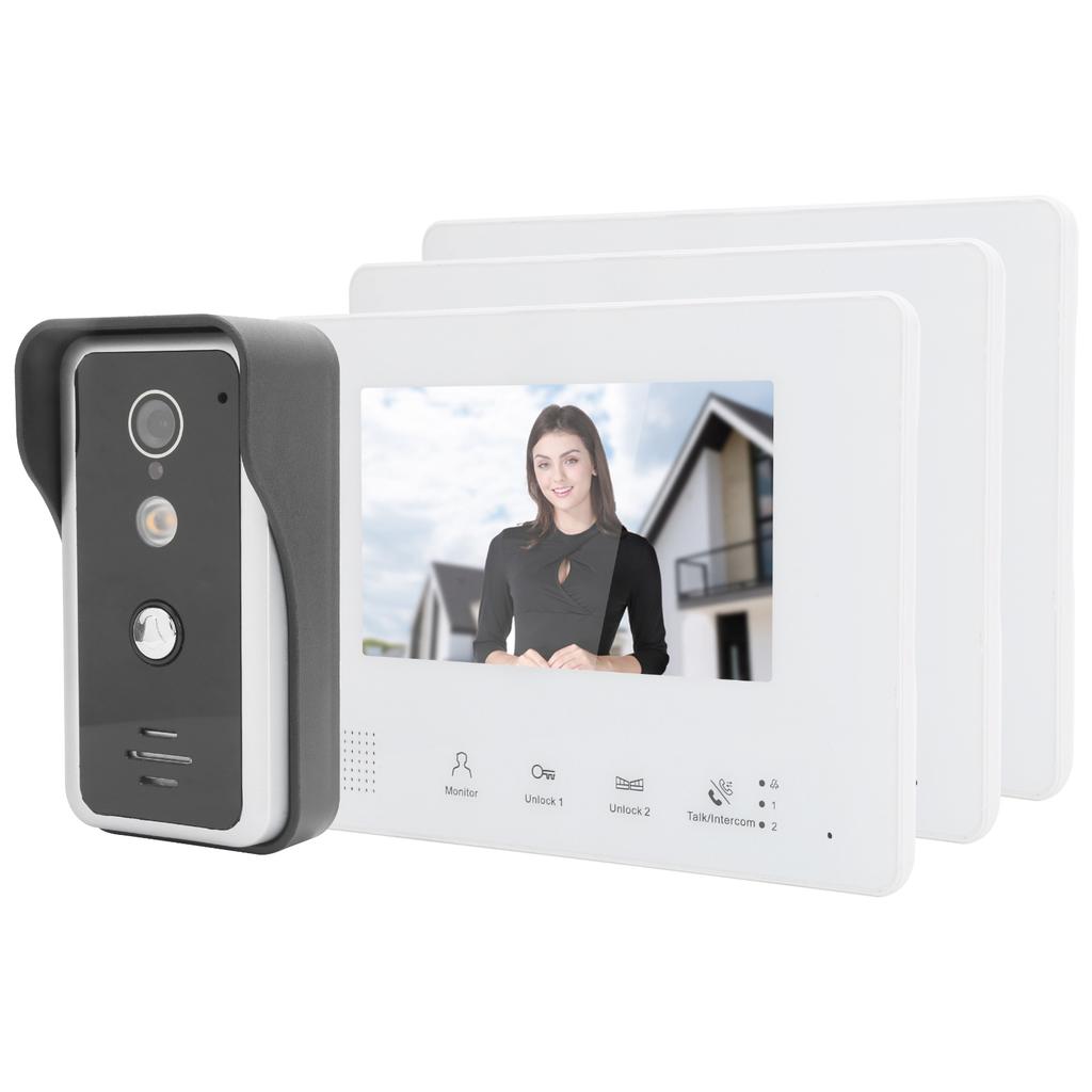 2?Wire System Video Doorbell Kit 7in TFT LCD 3 Monitors Clear Night Vision Home Intercom 100?240V
