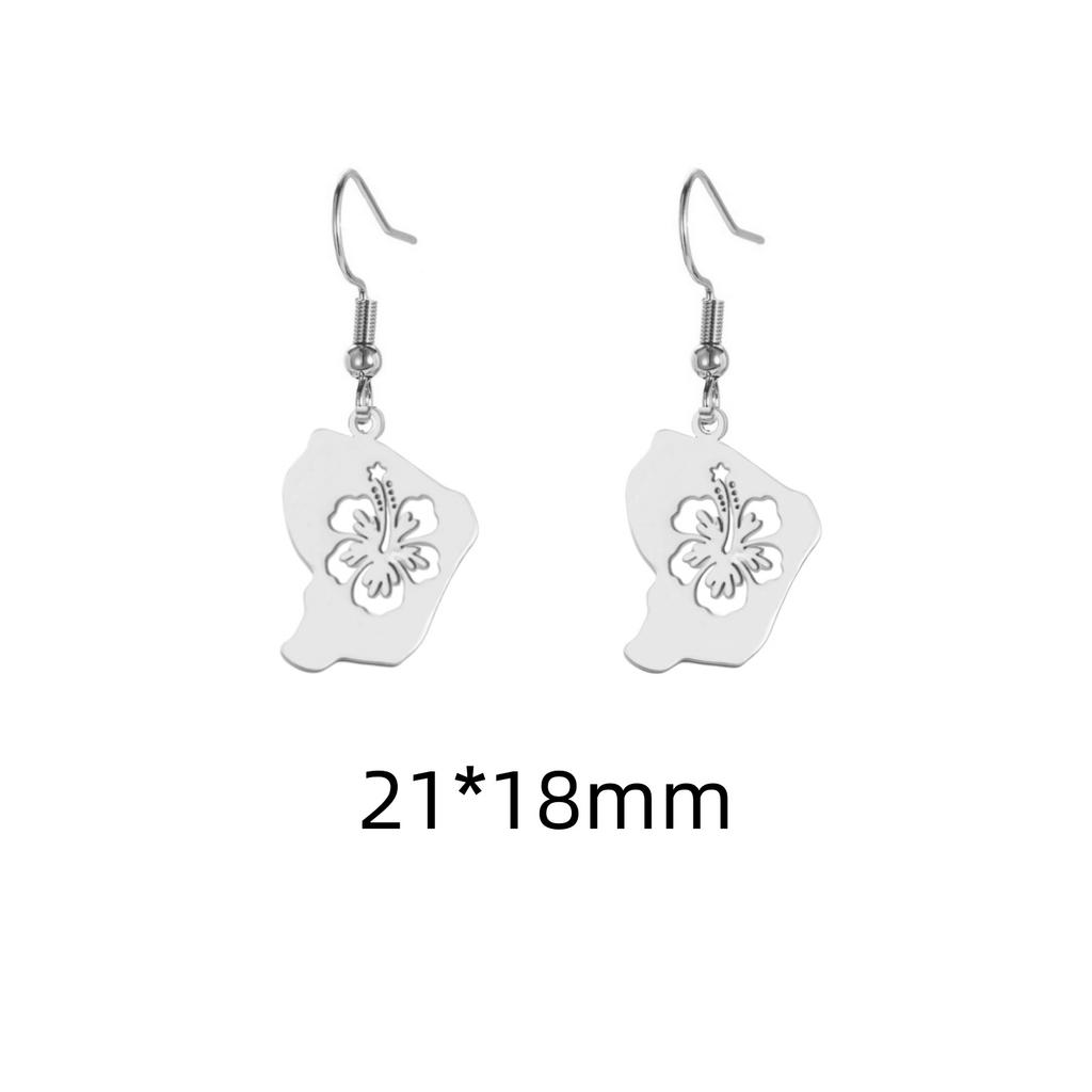 Reunion Map Outline Earrings Hibiscus Guadeloupe Martinique Pendant Earrings Stainless Steel Guyane Map Earrings For Women
