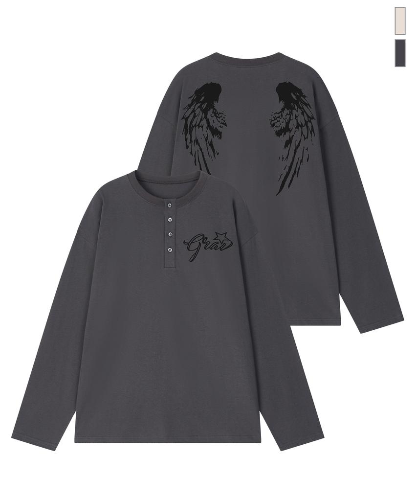 GRAVER [Unisex]Wings Henley Neck Long Sleeve T-Shirt_2 Colors