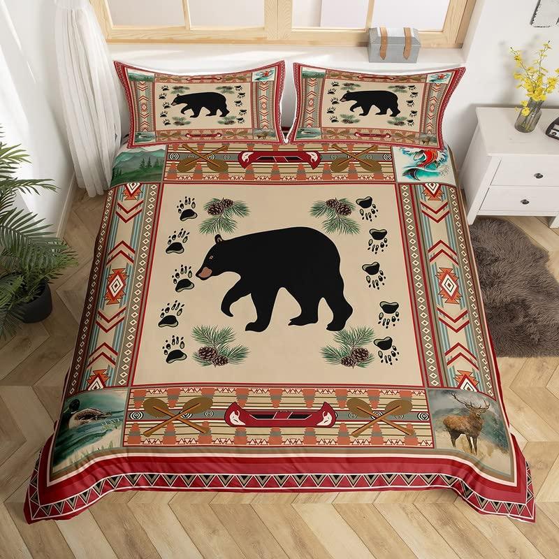 Bear King Queen Duvet Cover Rustic Western Wildlife Comforter Cover Pine Cone Farmhouse Wooden Bedding Set Polyester Quilt Cover