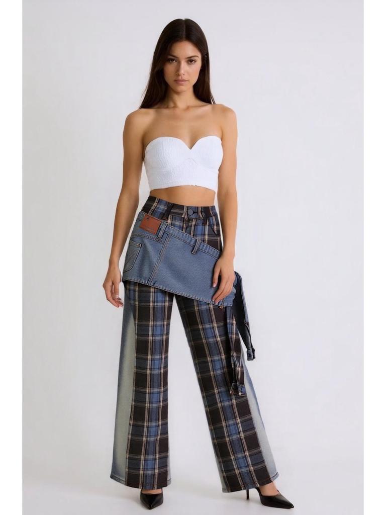 Jeans Patchwork a Quadri Multistile Design Americano con Cintura Rimovibile - Collezione Autunno/Inverno