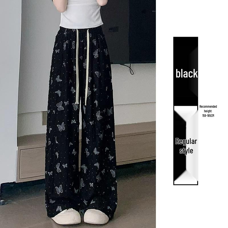 

Women s Petite Ice Silk Wide-Leg Pants - High Waist, Butterfly Design, Summer Casual XS M, recommended for 48-53kg