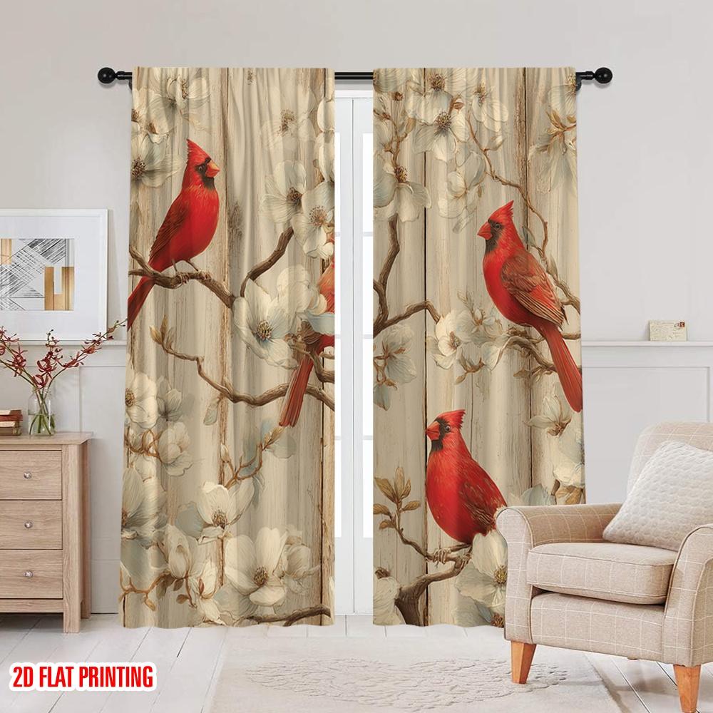 2pcs,2D Plane Printing Popular Curtain Panels Cardinal Symphony Versatile Polyester Fabric (without Rod) All Seasons for