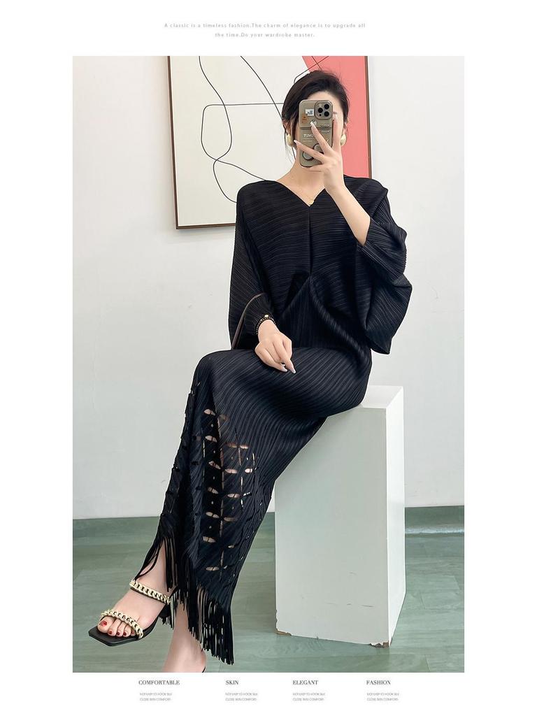 Miyake Pleated Large V-Neck Fishtail Tassel Dress with Bat Sleeves, 2025 Collection