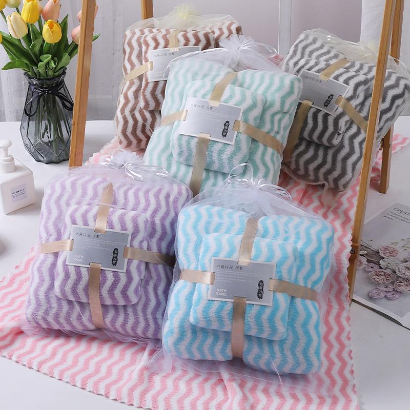 

2Pcs/set Coral Velvet Thickened Microfiber Towel Quick-Dry Bathroom Accessories Soft & Absorbent Water Ripples Bath Towels Set синій