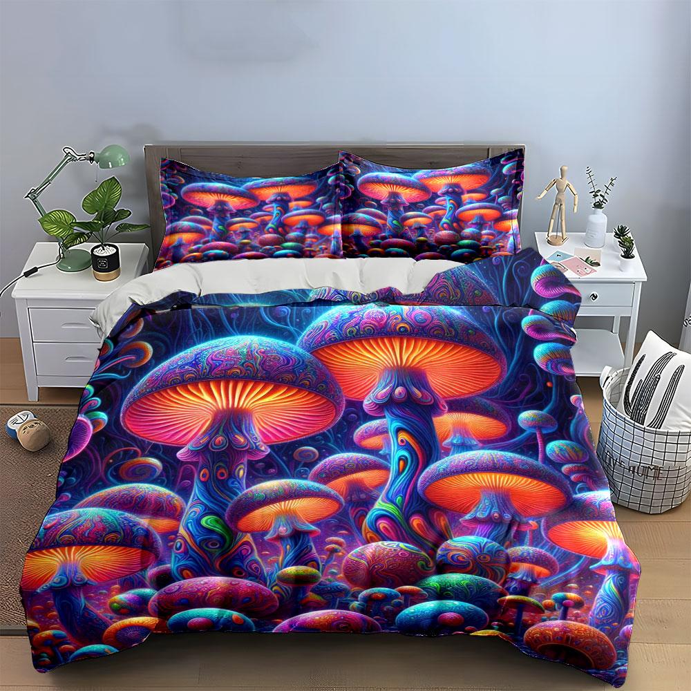 Psychedelic Glowing Mushrooms Bedding Duvet Cover Set Duvet Cover Pillowcases (1 * Duvet Cover 2 * Pillowcases, Without Duvet Insert)