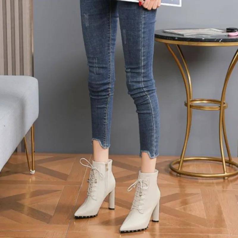 Women's Ankle Boots Sexy Studded Very High Heels Booties Heeled Hot Winter 2024 On Promotion Designer Luxury Female Short Shoes