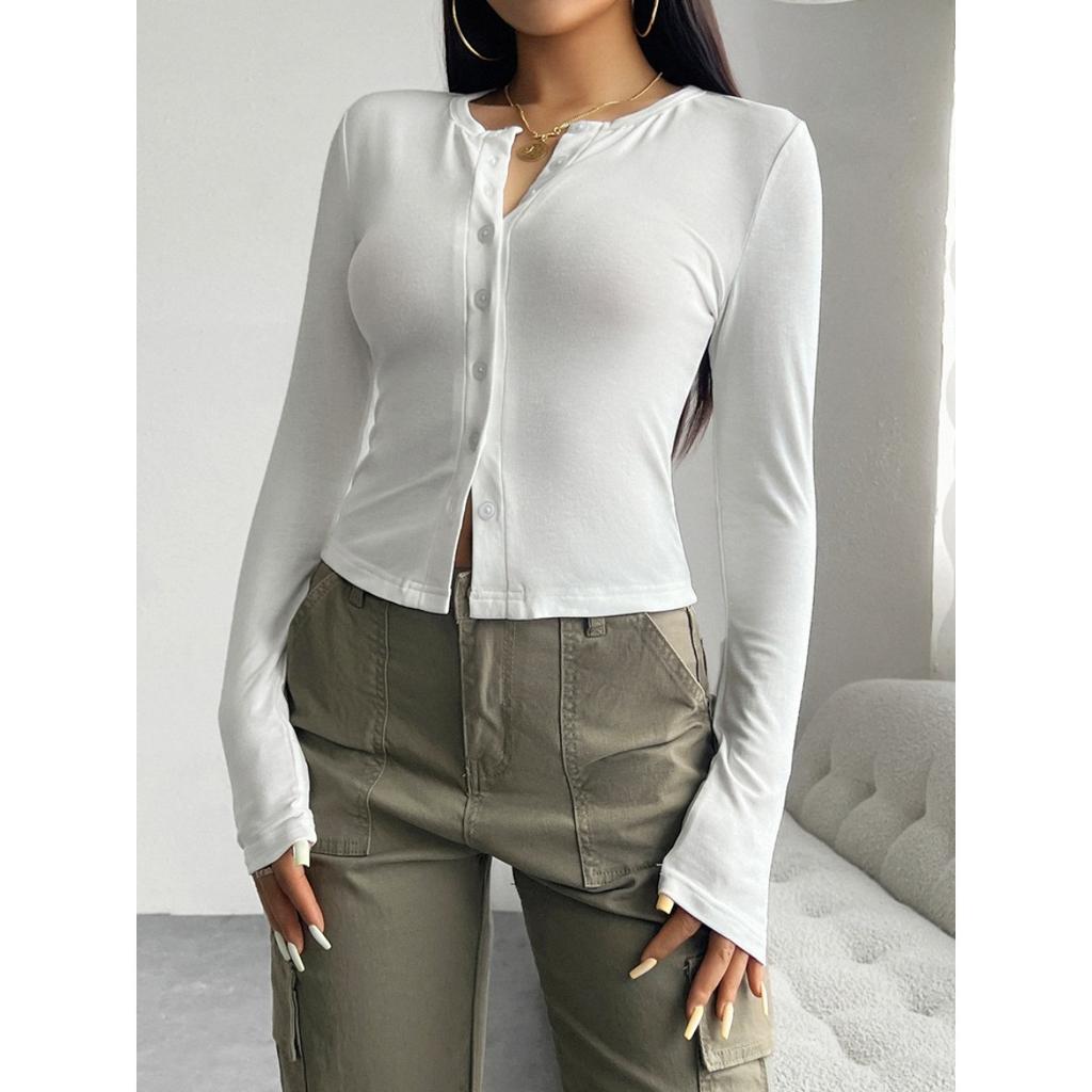 Women's V Neck Button Front Slim Fit Long Sleeve Cropped Cardigan Top Solid 100% Polyester Tee