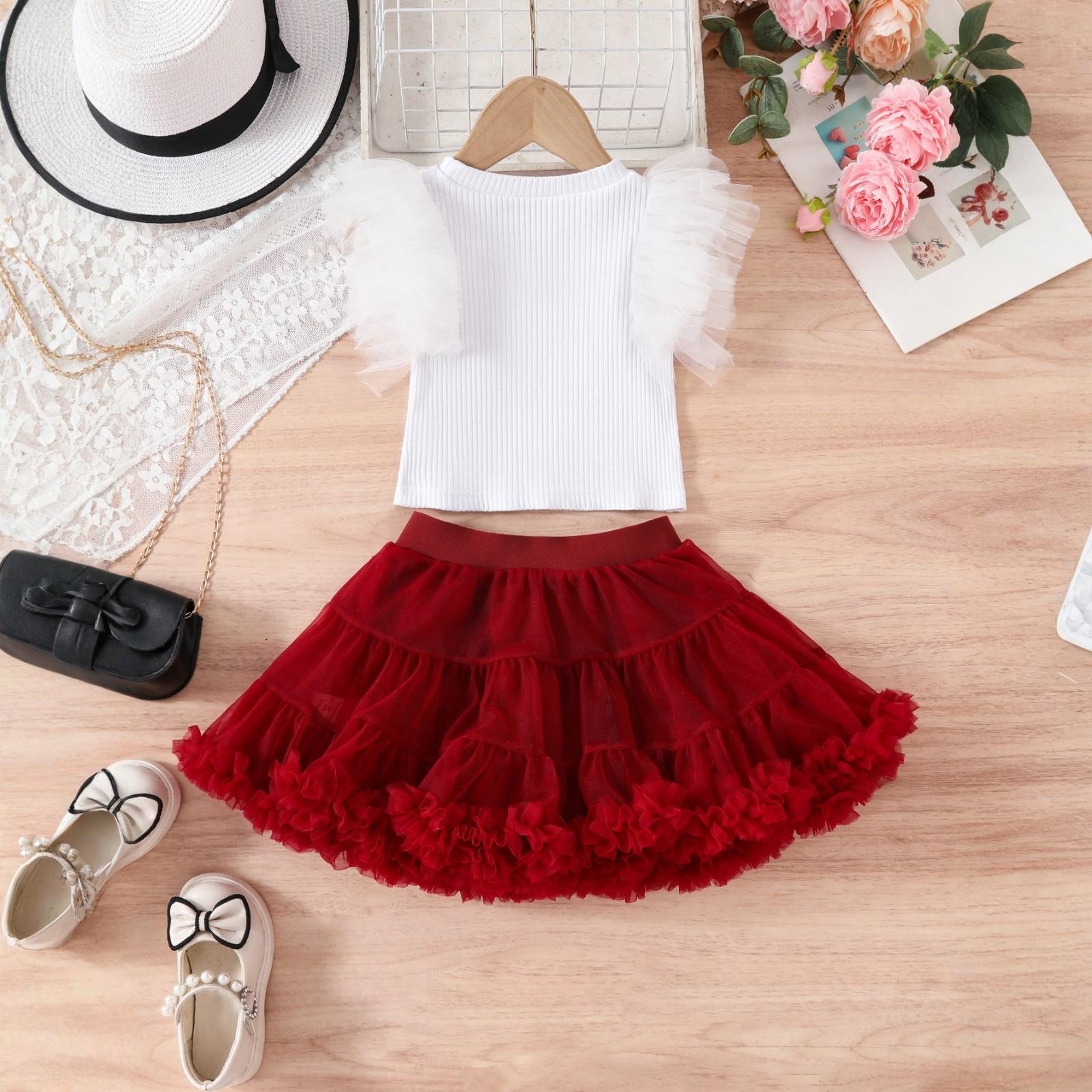 

Летний комплект для девочек: топ с сетчатыми рукавами принцессы + юбка 100 винный