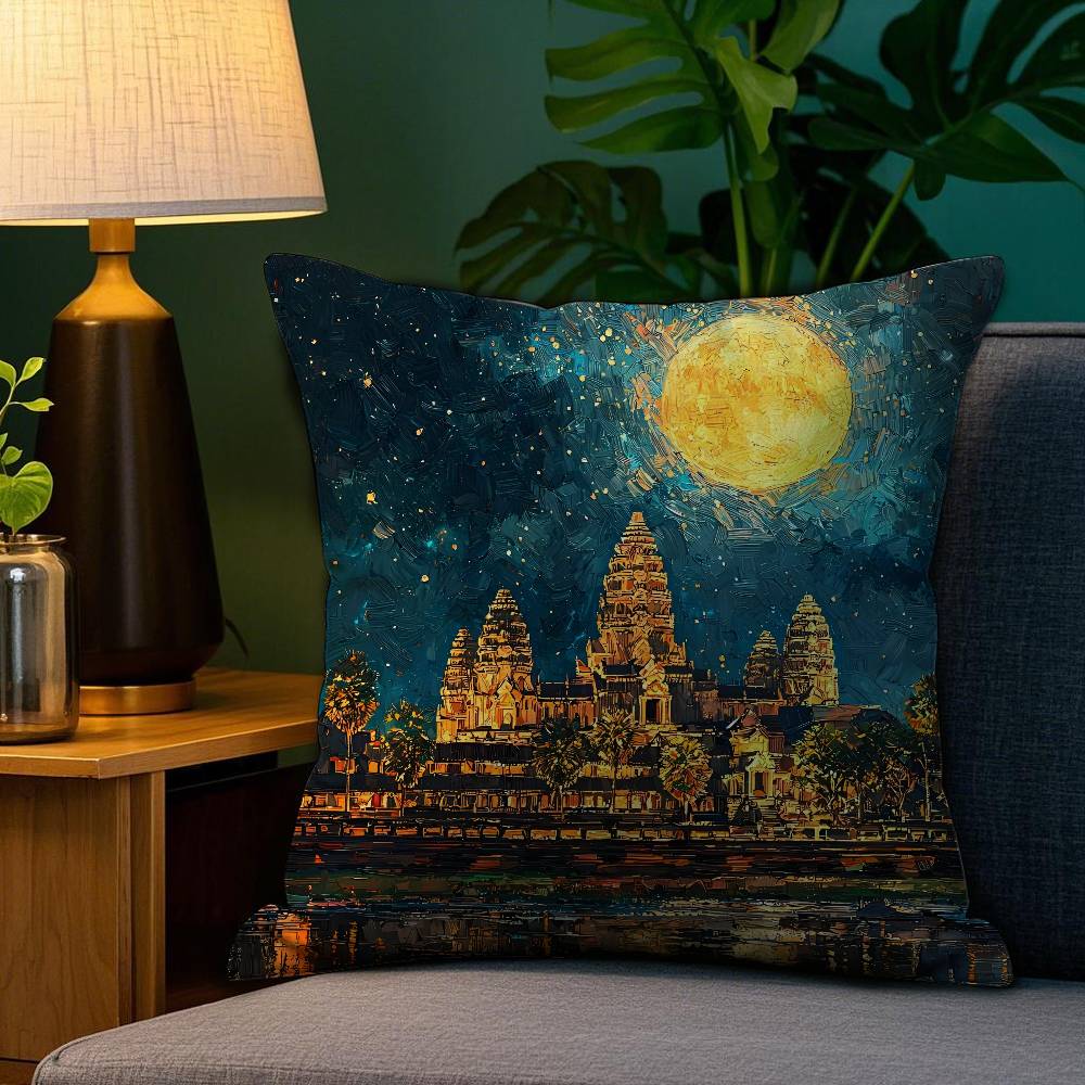 Angkor Wat Pillow Case Anti-dustmite Pillowcase Invisible Zipper Silky Short Plush Sofa Cushion Cover
