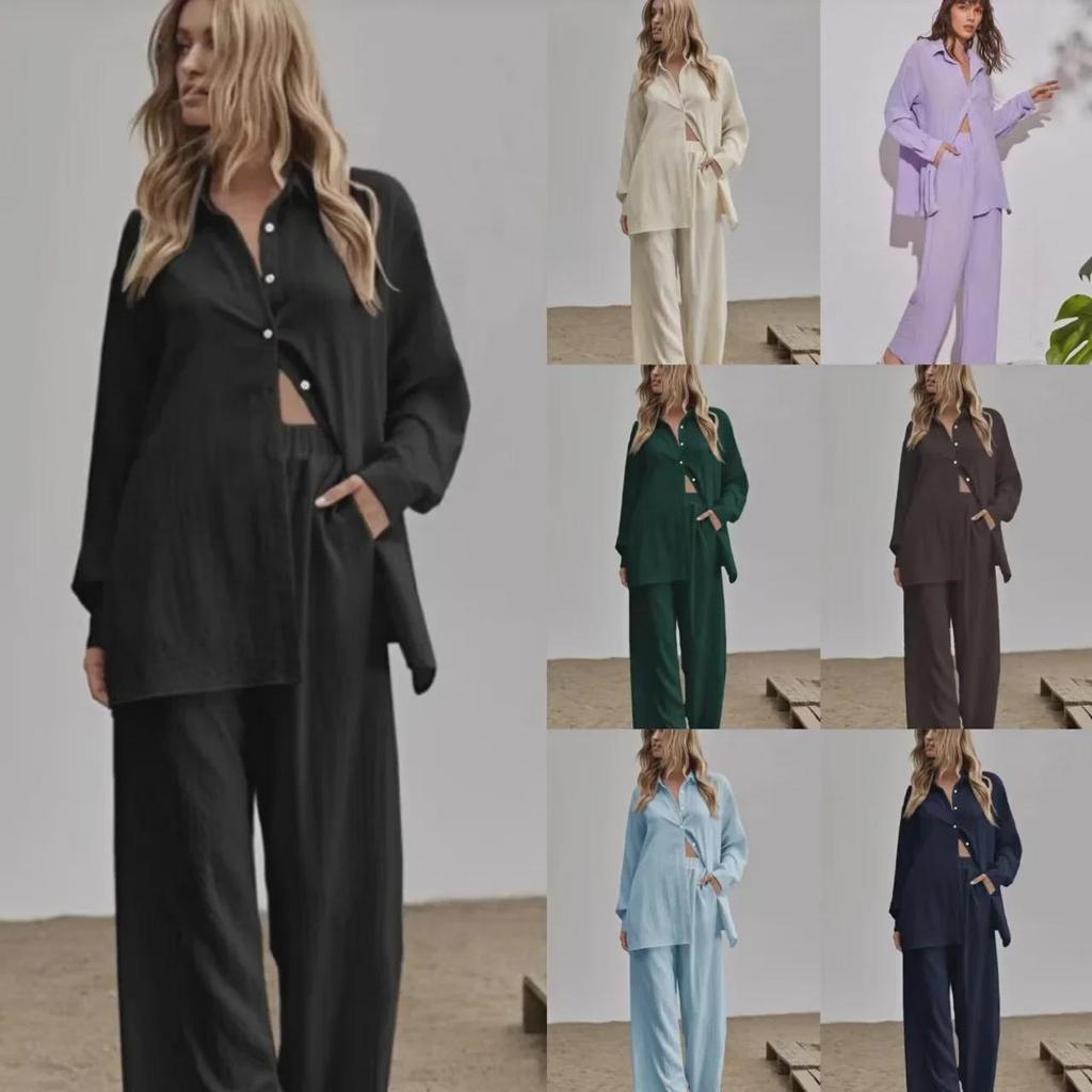 Dames Herfst 2022 Effen Kleur Casual Pak: Shirt met lange mouwen & Broek met elastische taille