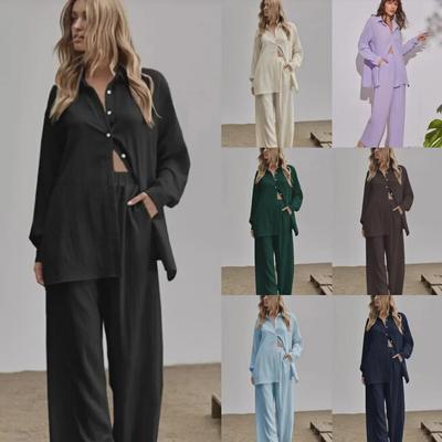 Women's Autumn 2022 Solid Color Casual Suit: Long-Sleeve Shirt & Elastic Waist Trousers