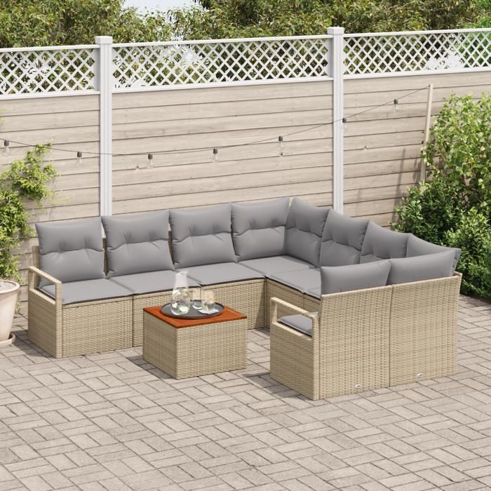 Ensemble de canapé de jardin 9 pièces avec coussins beige en rotin synthétique acacia, Canapé de jardin 2 places 3356355