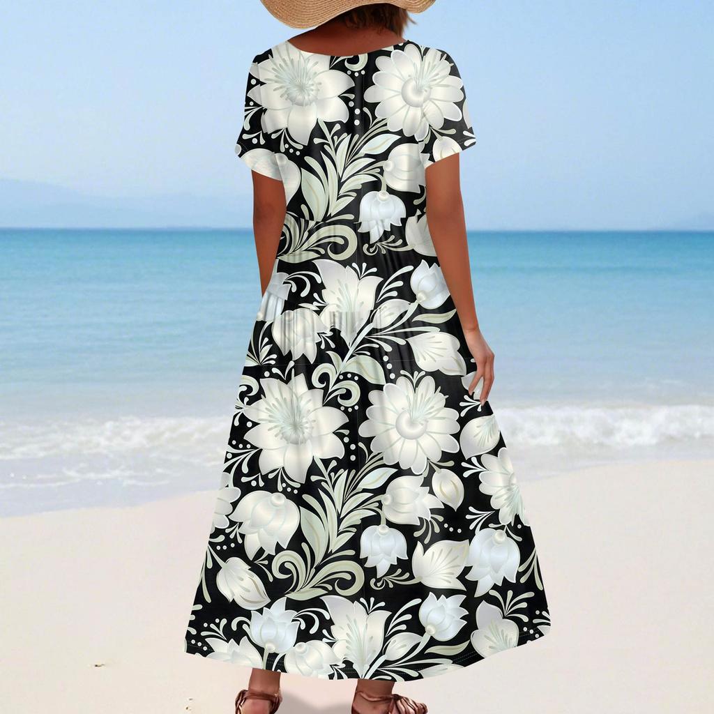 Women's Summer Casual Floral Print Short Sleeve O Neck High Waist A Line Tiered Flowy Boho Maxi Dress