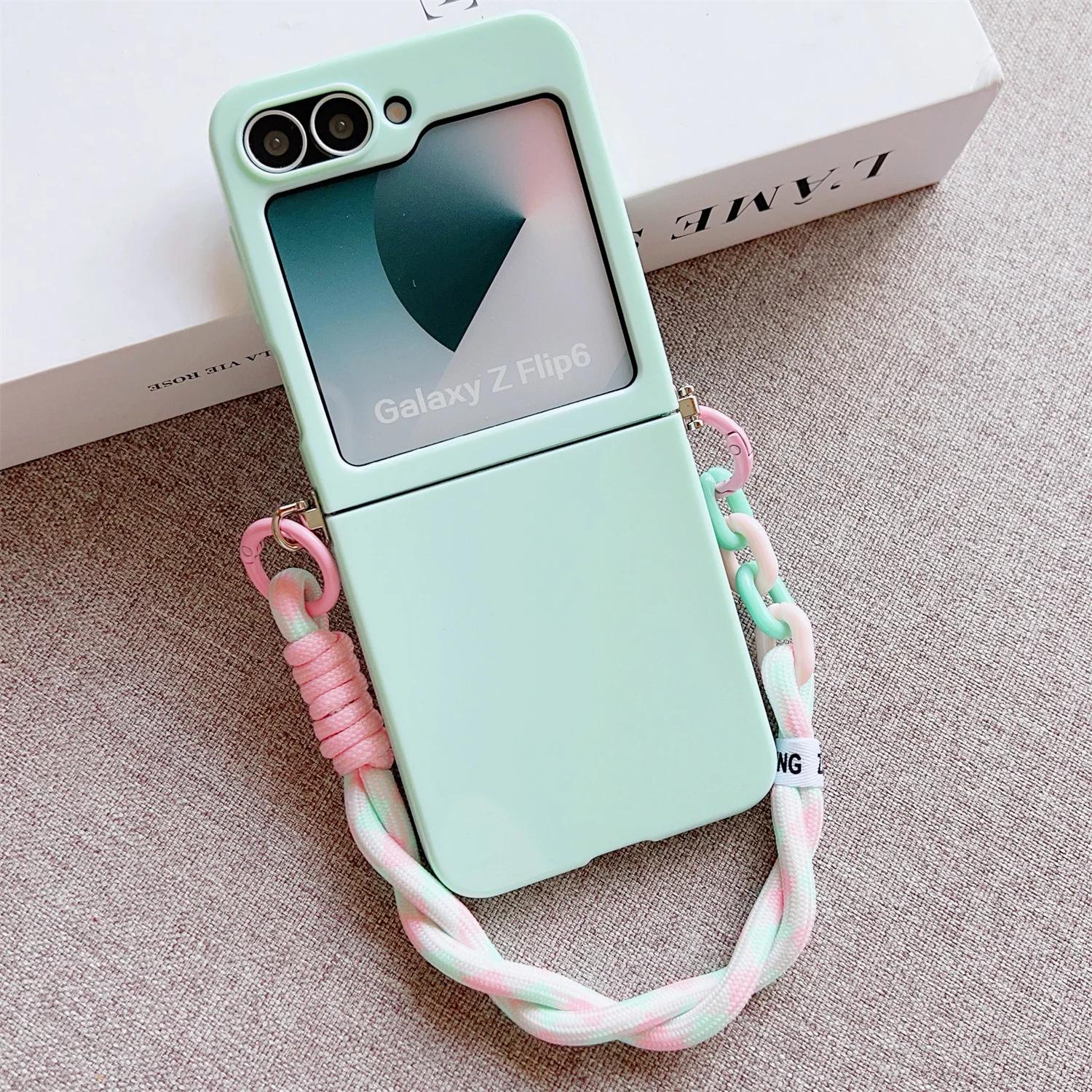 

Phone Case For Samsung Galaxy Z Flip 4 5 6 Flip6 Flip5 Flip4 Cute Candy Solid Protective Cover With Wrist Strap Slim Galaxy Z Flip6 зелений