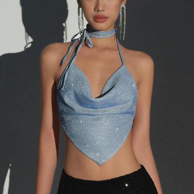 Neckholder Glitzer Tanks 2025 Sommer Outfits Blau Helle Seide Camis Rafftop Crop Ärmellose Westen Sexy Tops Kurze Kleidung