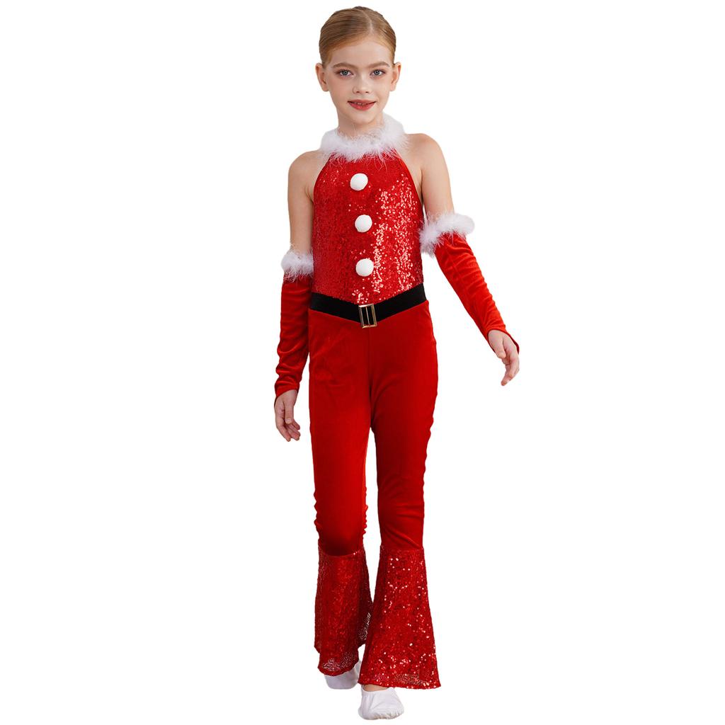 Girl Christmas Costume One Piece Sleeveless Velvet Bodysuit Plush Sequins Flared Jumpsuit Arm Sleeve Set
