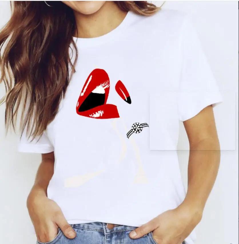 LOVE Red Lips Pink Heart Print T Shirt Women Romantic Slogan Graphic Short Sleeve Valentine Casual Summer Tee