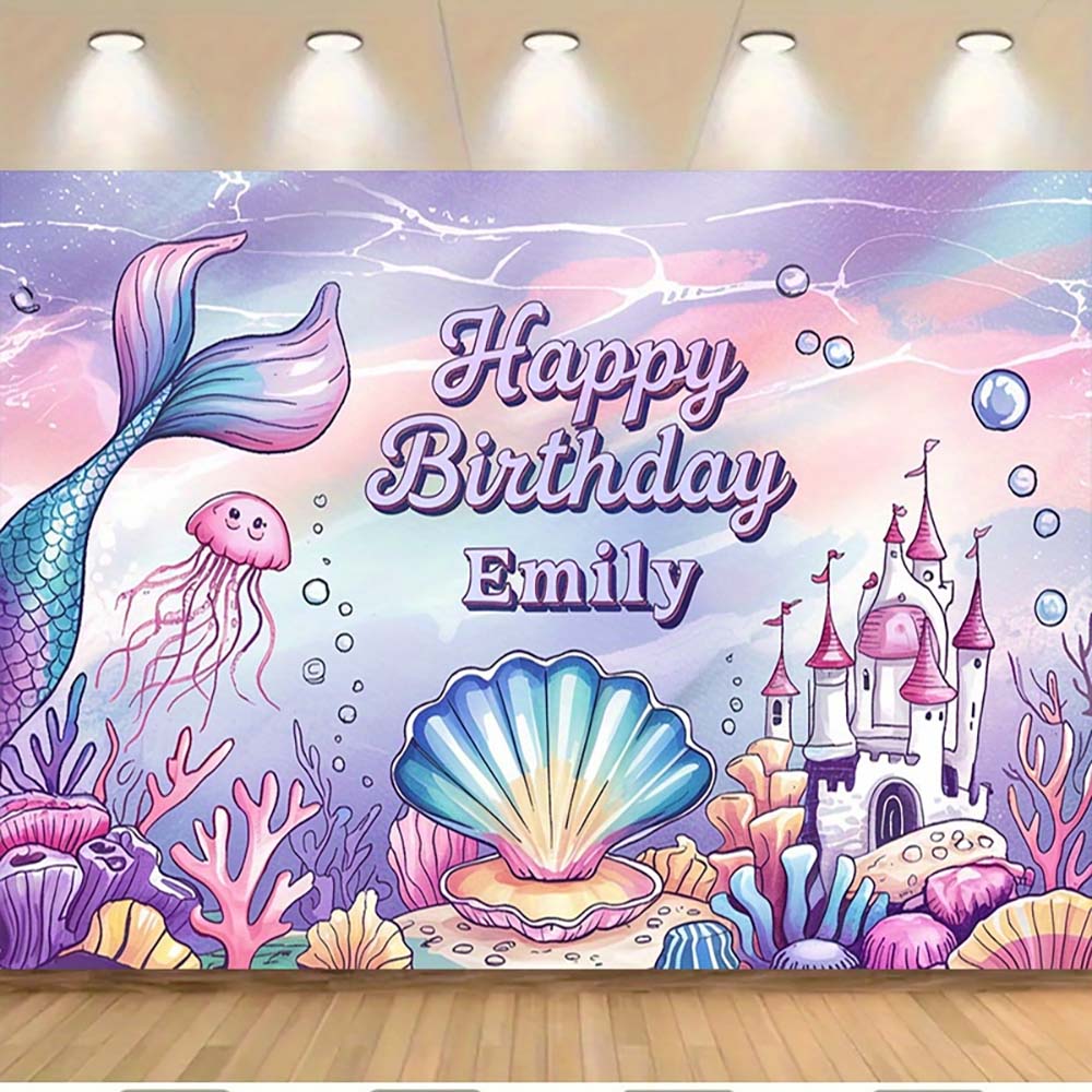 1pc Mermaid Underwater Castle Happy Birthday Backdrop for Emily Personalized Mermaid Birthday Party Decorations Photo Banner