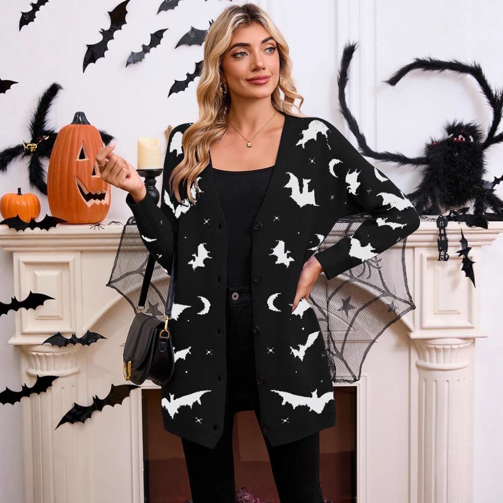 Women's V Neck Long Sleeve Halloween Bat Print Loose Fit Commuter Knit Cardigan