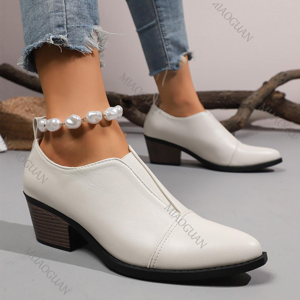 Modische Pumps mit spitzer Zehenpartie und Blockabsatz für Damen 2025 Neu Britischer Stil Schwarzer Damenschuh Mode PU-Leder Slipper Absätze für Damen