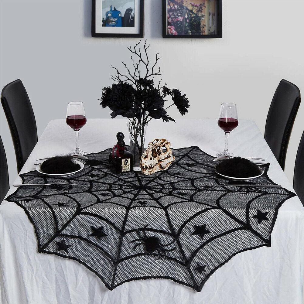 40 Inch Round Polyester Lace Table Topper Black Spider Web Halloween Tablecloth for Halloween