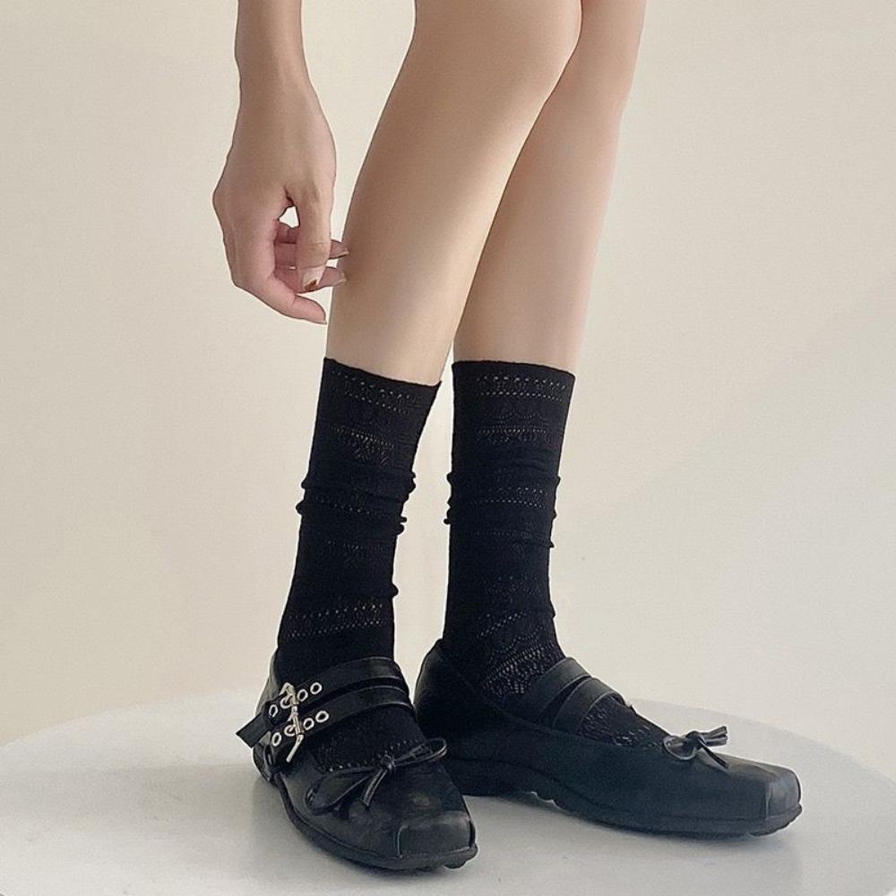 White Calf Socks Stacking Socks Women's Summer Black Thin Women's Medium Tube Tide Socks Breathable Outer Wear Flower Lace Stockings