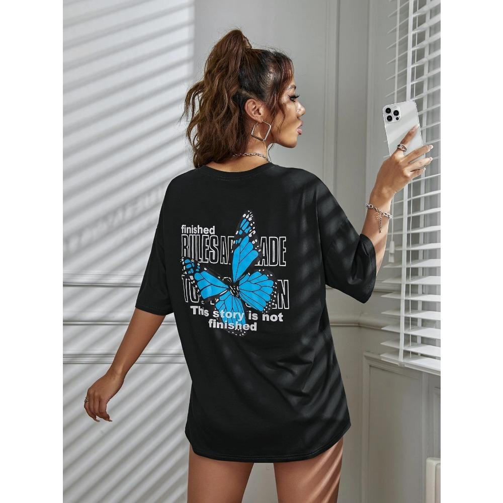 Summer Art Word and Blue Butterfly Printed Women T-Shirt Casua Short Sleeve Breathable T Shirt Street Clothing