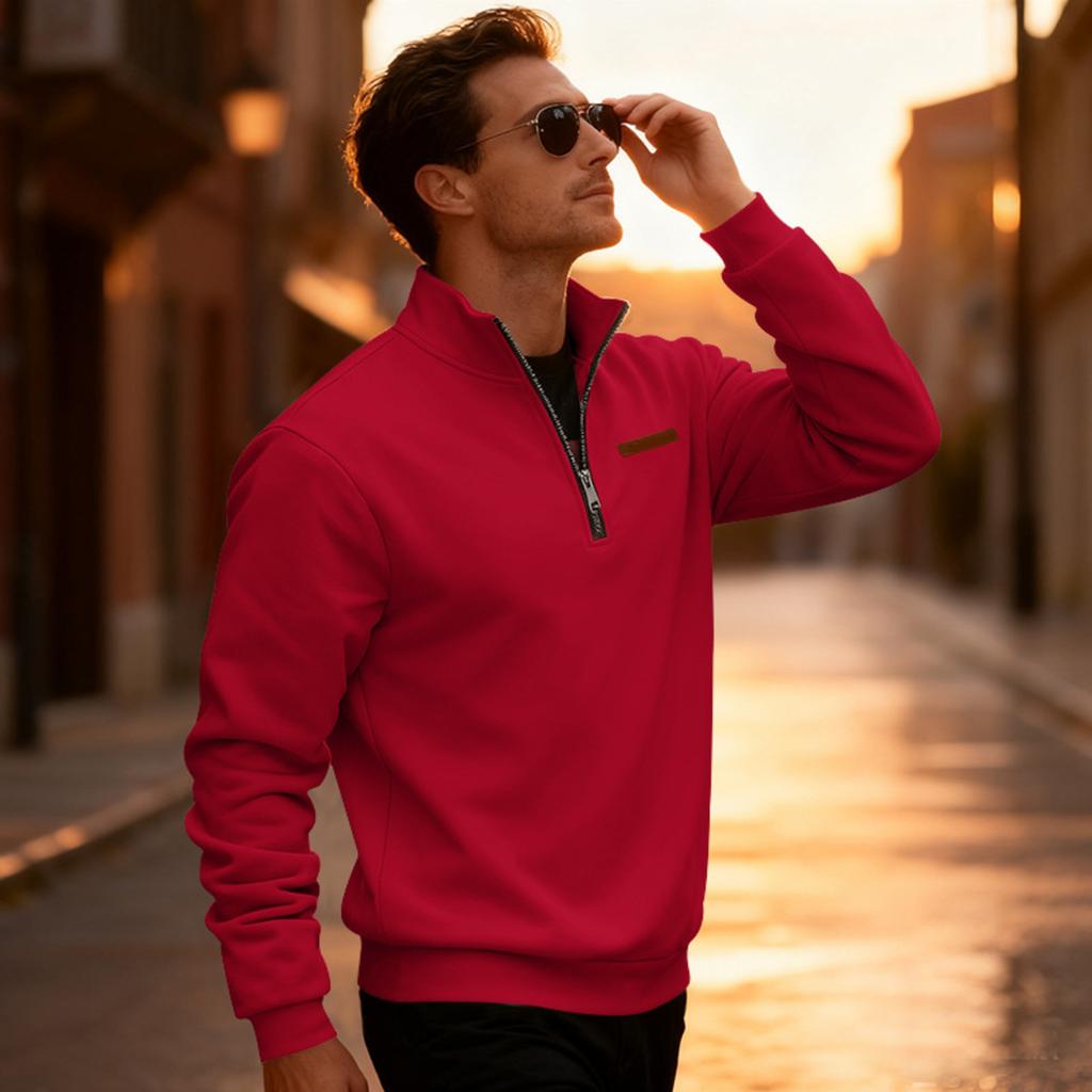 Men's Casual Loose Solid Color Outdoor Fleece Half Zip Stand Up Collar Pullover Hoodie