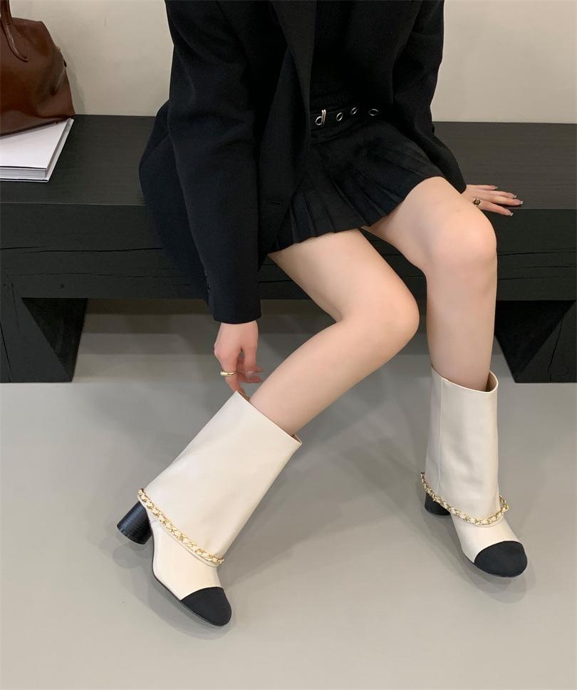

Xiaoxiangfeng trouser tube boots new round head color matching thick heel splicing sleeve high heel metal chain boots women 39 абрикосовый