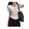Dam vit slim fit U-ringad bomulls-t-shirt, sommar kortärmad topp i 2025-stil