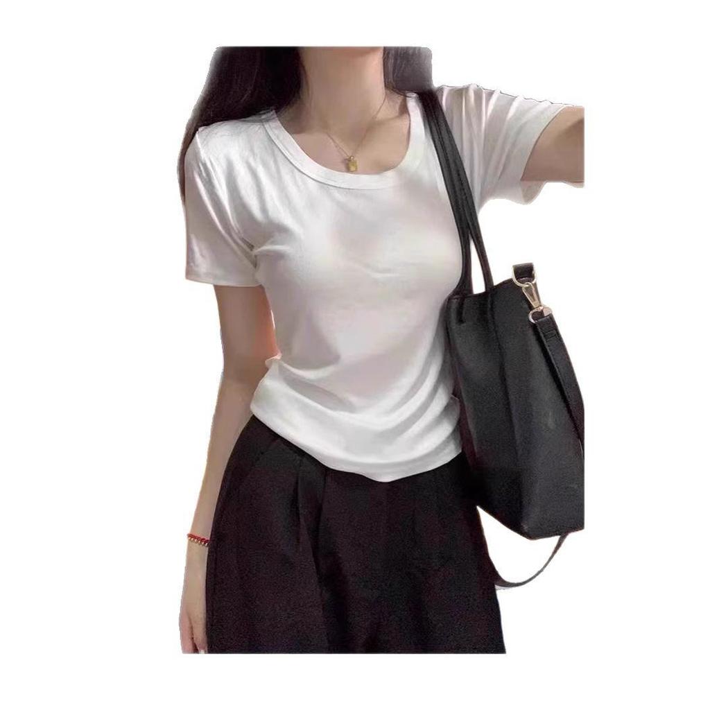 Dam vit slim fit U-ringad bomulls-t-shirt, sommar kortärmad topp i 2025-stil