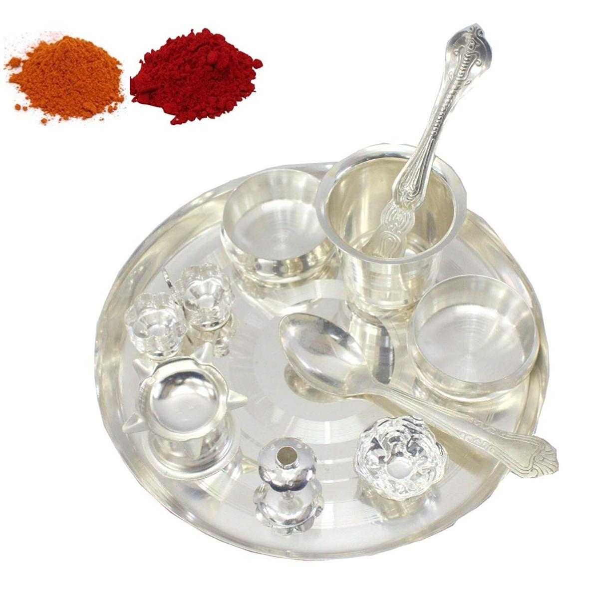 Silver Plated Pooja thali Set 17.78 CM Festival Ethnic Puja Thali Items for Diwali Daily Home Mandir Office Wedding Return Gift