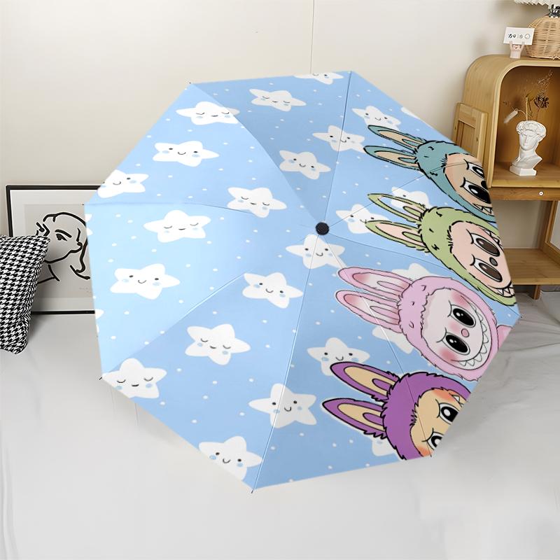 Labubu1 Print Automatic Umbrella, 8 Rib Iron Frame, Plastic Handle, Suitable for Outdoor Travel &Daily , Ideal Gift