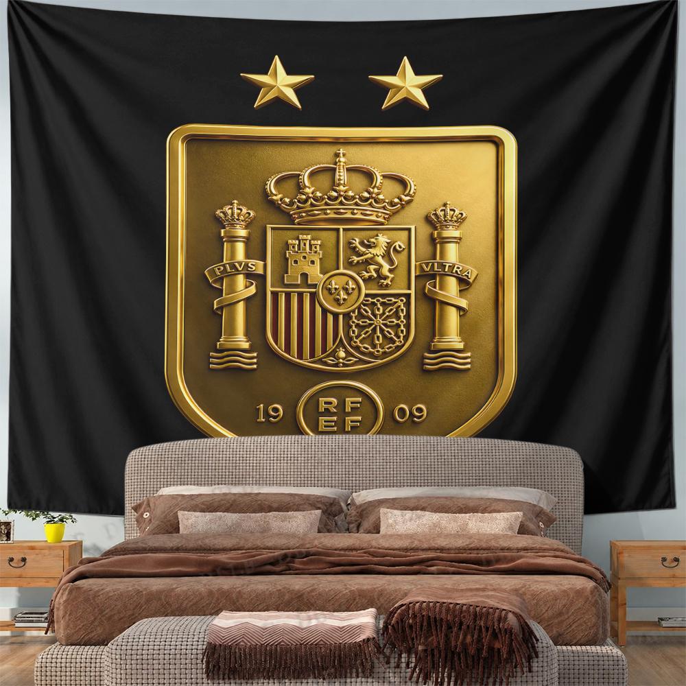 Spain National Football Team Golden Crest Wall Tapestry RFEF 1909 Crown Lions Two Stars Fan Decor for Man Cave Bedroom Gift