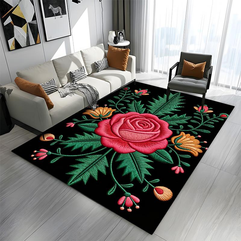 Embroidered Floral Rose Design Patterned Carpet a Non Slip Rug Suitable for All Seasons and Any Setting, Gift