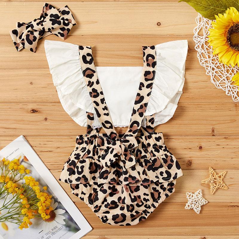 

Симпатичный Леопард Детская Девочка Romper + Оголовье Набор Летние Дети Младенец Боди Руфле Без Рукавов Малыш Комбинезон Детская Одежда