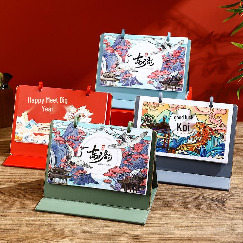 2026 Year of the Horse Leather Desk Calendar with Pen Holder, Custom Logo, Monthly Overview, Multifunctional Office Ornament.