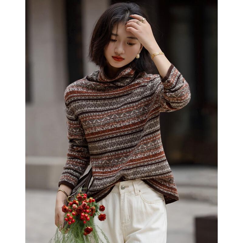 Demana Women's 100% Merino Wool Retro Jacquard Mock Neck Sweater