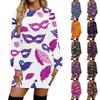 Damen Mode lässig Rundhals Langarm Karneval Druck Kleid