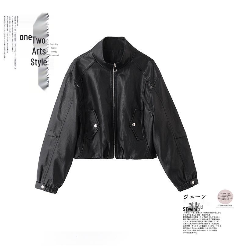 Women's Fashionable PU Leather Stand Collar Jacket, Spring 2025 Collection, Short Style Outerwear