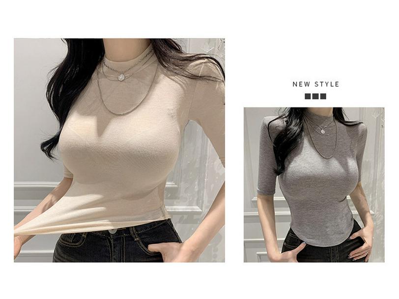 Dongdaemun Women's Slimming Sheer High Neck Mid-Sleeve Top