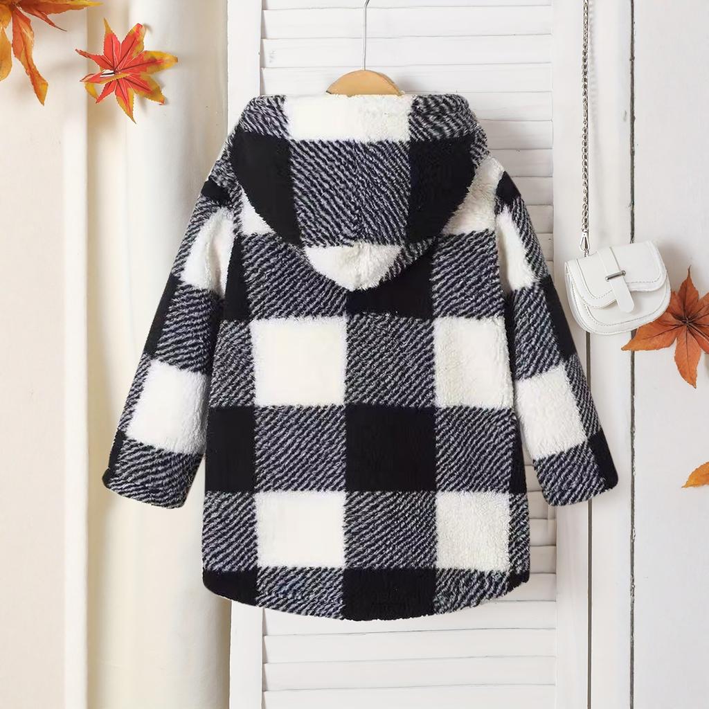 Children's Fashion Plaid Long Sleeved Hooded Plush Warm Jacket