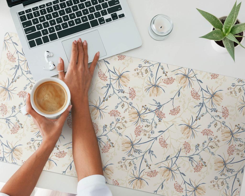 Graphic Desk Mat for Home and Office, Floral Vintage Pattern, 100x50 cm