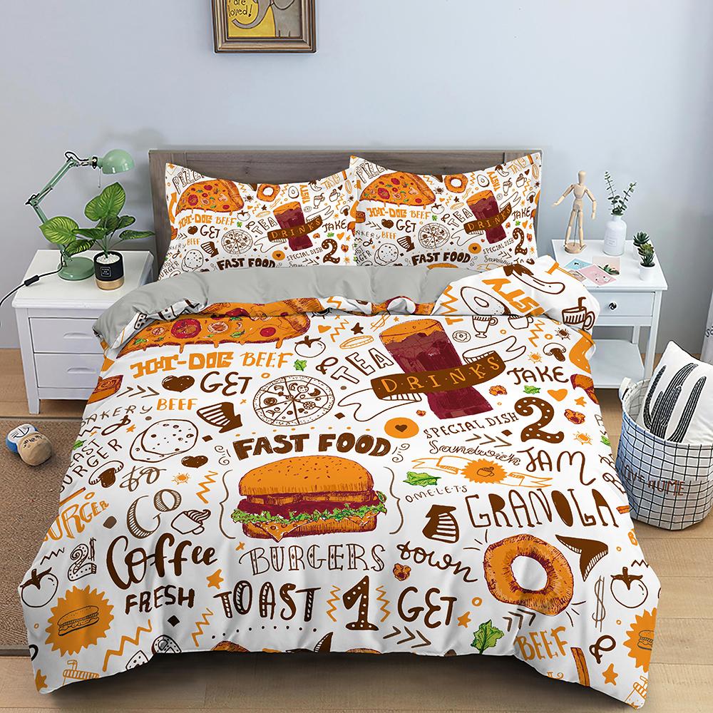 Snack Duvet Cover Set Coffee Bread Donut Pattern Pink Polyester Comforter Cover For Kids Adult Teen Bedding Set Queen King Size
