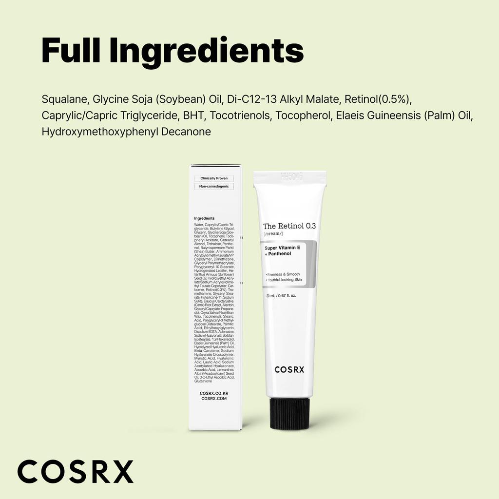 COSRX NEW Retinol Cream Retinol Cream with Vitamin Hyaluronic and Pure Authentic Retinol for Sensitive COSRX Korean Korean Cosmetics 0.3 20ml, E,